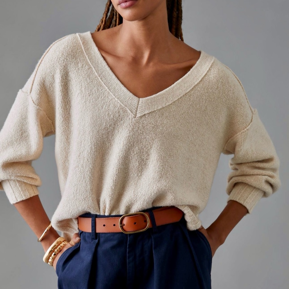Pilcro V-Neck Sweater in Cream